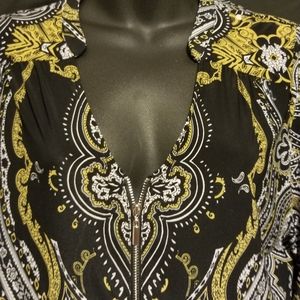 INC GOLD AND BLACK V NECK BLOUSE W/ ZIPPER